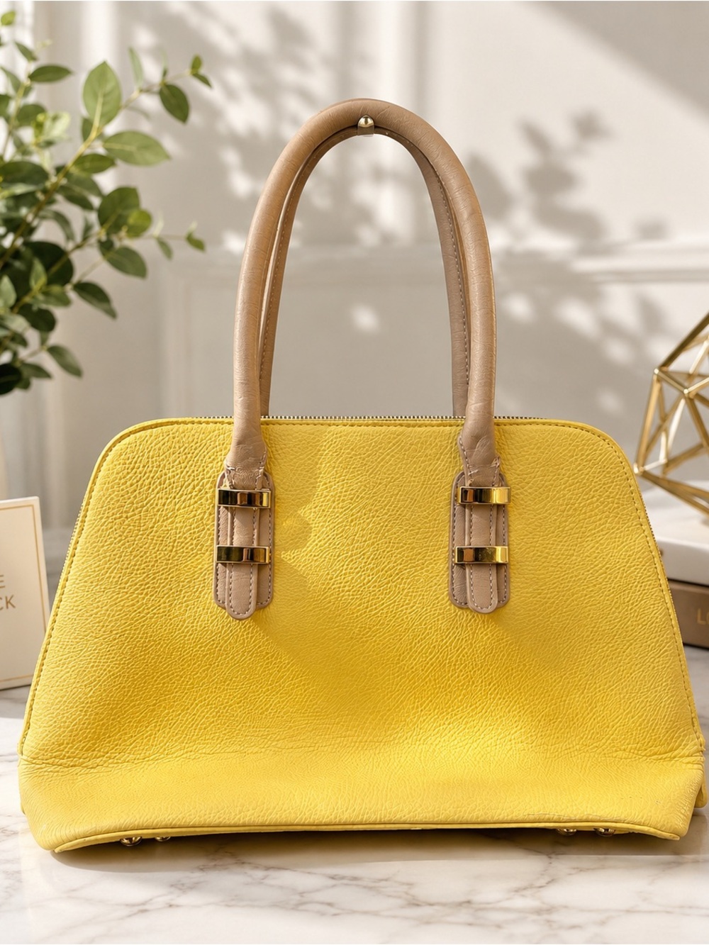 Yellow Tote Handbag with Beige Handles